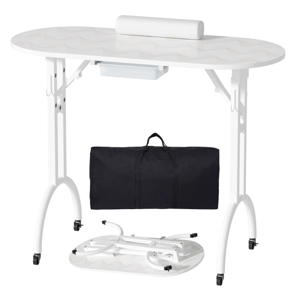 Advwin Foldable Manicure Table with Drawer, Wrist Cushion & Carrying Bag, Portable Rolling Nail Tech Desk with Lockable Wheels & 4 Hooks, Mobile Nail Workstation for Home Salon & Travel, White