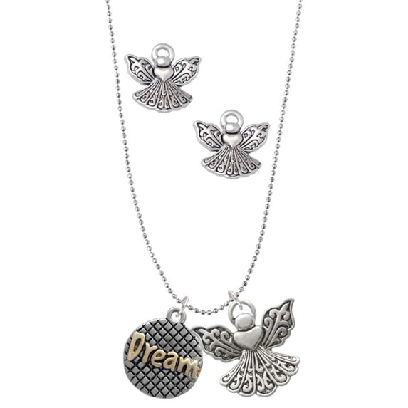 Delight Jewelry Goldtone ''Dream'' on Hatched Disc Silver tone Guardian Angel Charm Necklace and Stud Earrings