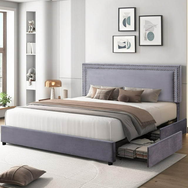 VECELO Full Size Bed Frame with 4 Large Storage Drawers, Modern Tufted Upholstered Platform Bed with Adjustable Headboard, No Box Spring Needed, Dark Gray