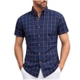 thumbnail image 2 of Fnnxeal Mens Dark Blue Short Sleeve Button Down Shirt, Slim Fit Casual Navy Plaid Checkered Cotton Polyester Blend,Size M, 2 of 5