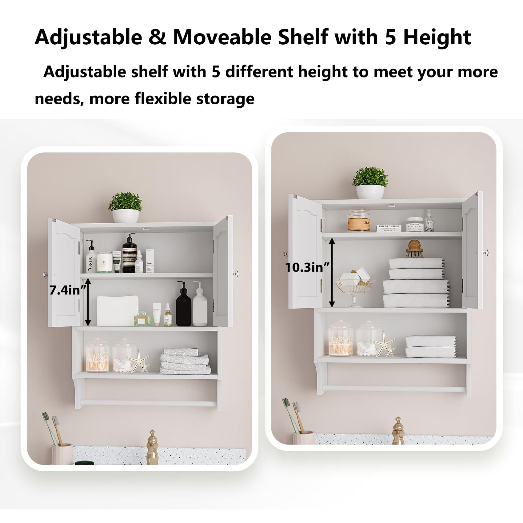 Semiocthome Bathroom Medicine Cabinet with Towel Bar and 3 Shelves Over Toilet Storage, White
