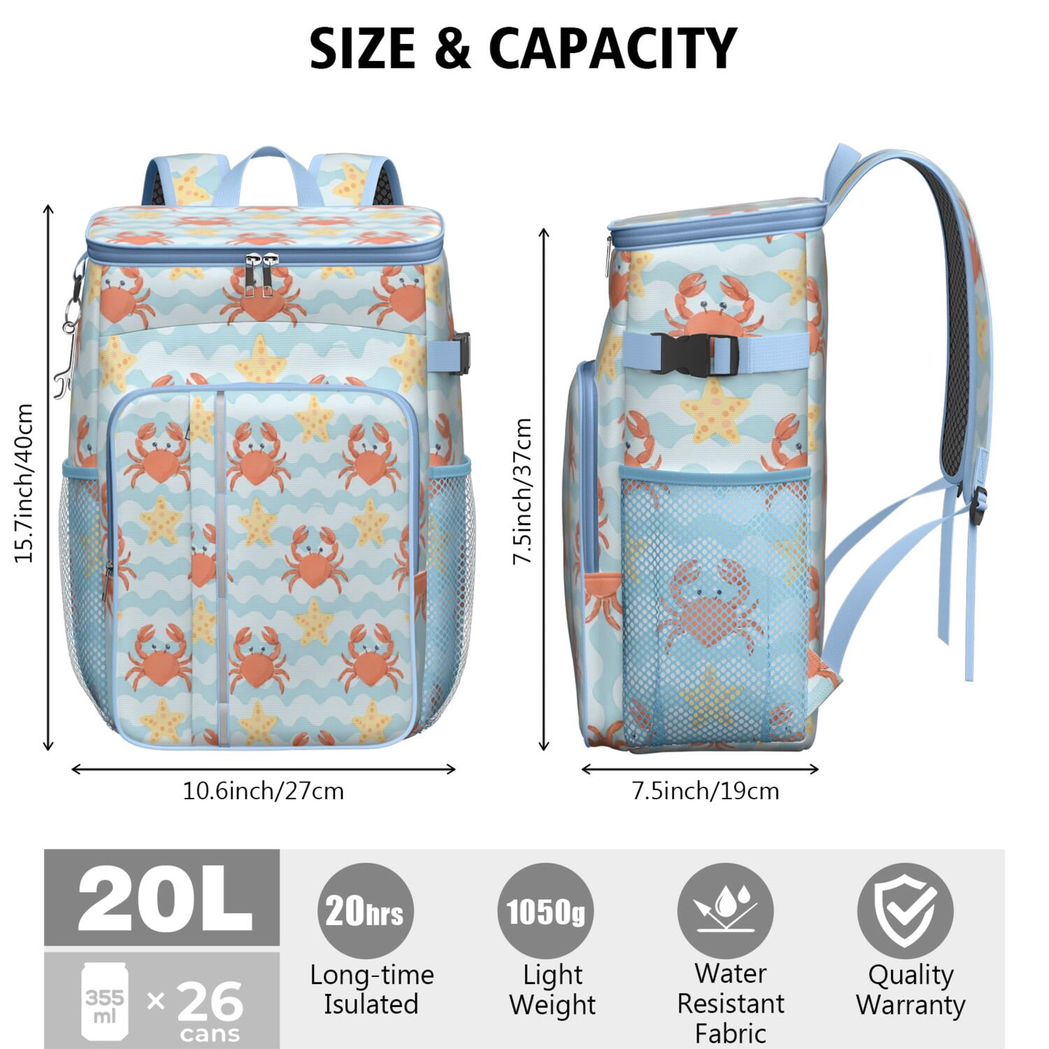 Marine Adorable Crab Cooler Backpack Insulated Waterproof Leak Proof Backpack Cooler Lightweight Lunch Picnic Camping Backpack Cooler for Men Women