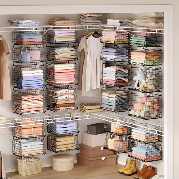 4-Tier Closet Organizer with 360?Rotating Hooks - Foldable Shelves for Small Spaces, Wire Storage Basket, Closet Organizer System, Black