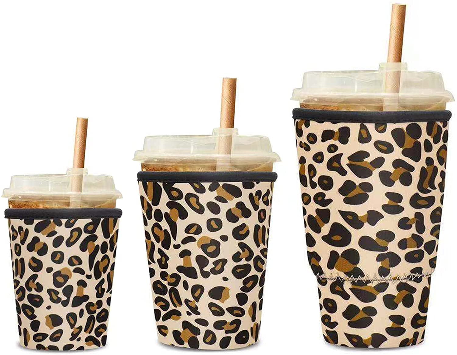 Neoprene Cup Holder Compatible with Starbucks Large MEETI Reusable Iced Coffee Cup Insulator Sleeve for Cold Beverages Leopard McDonald's Coffee Dunkin Donuts Tim Hortons and More