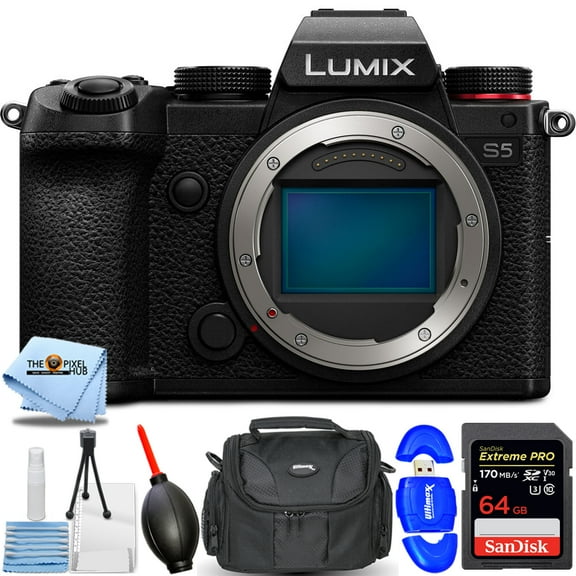 Panasonic Lumix DC-S5 Mirrorless Digital Camera (Body) - Essential Bundle Includes: Sandisk Extreme Pro 64GB SD, Memory Card Reader, Gadget Bag, Blower. Microfiber Cloth and Cleaning Kit