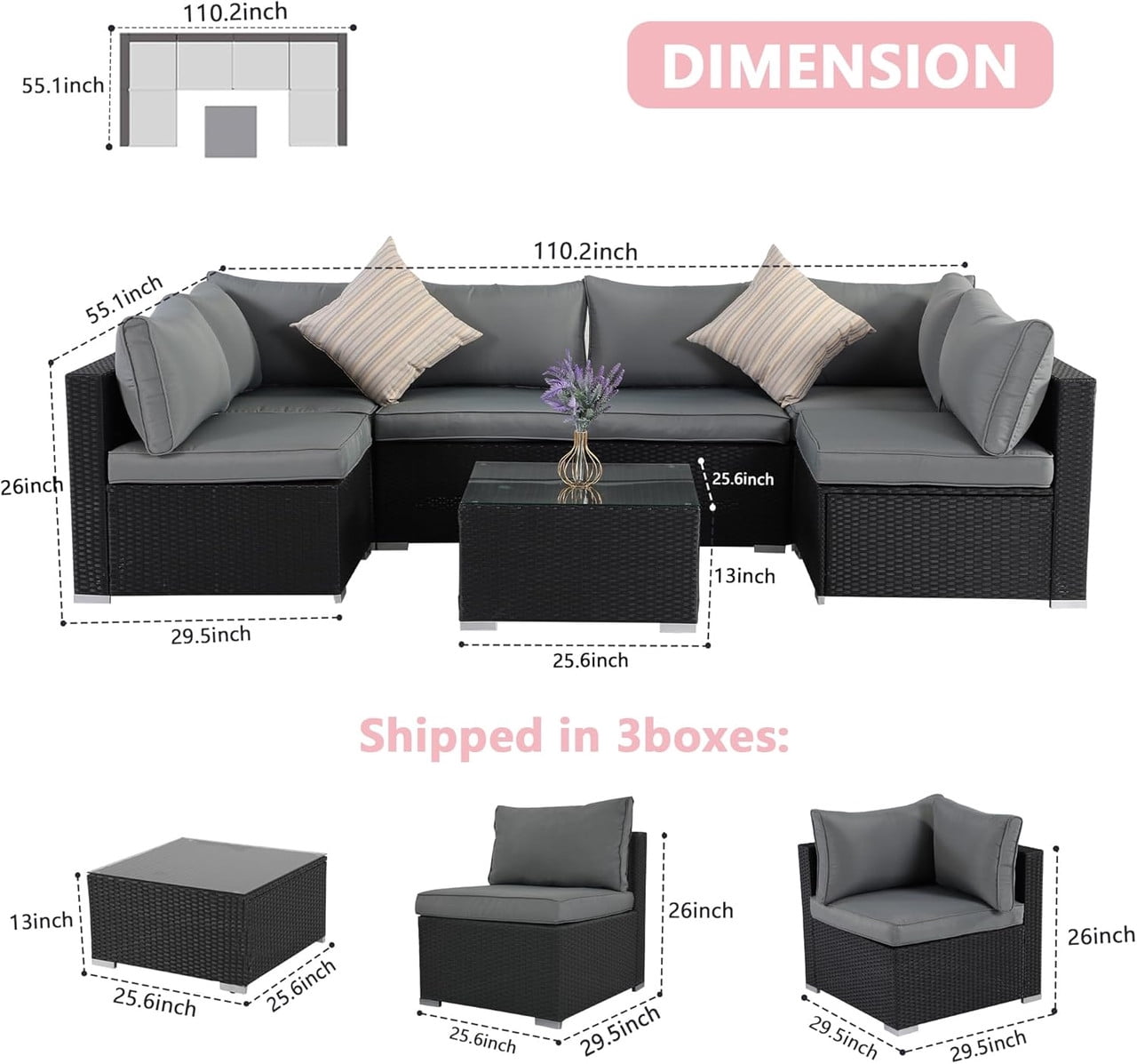 7-Piece Patio Furniture Set, Outdoor Sectional Sofa Set with Cushions and Glass-Top Coffee Table, Outdoor Conversation Set