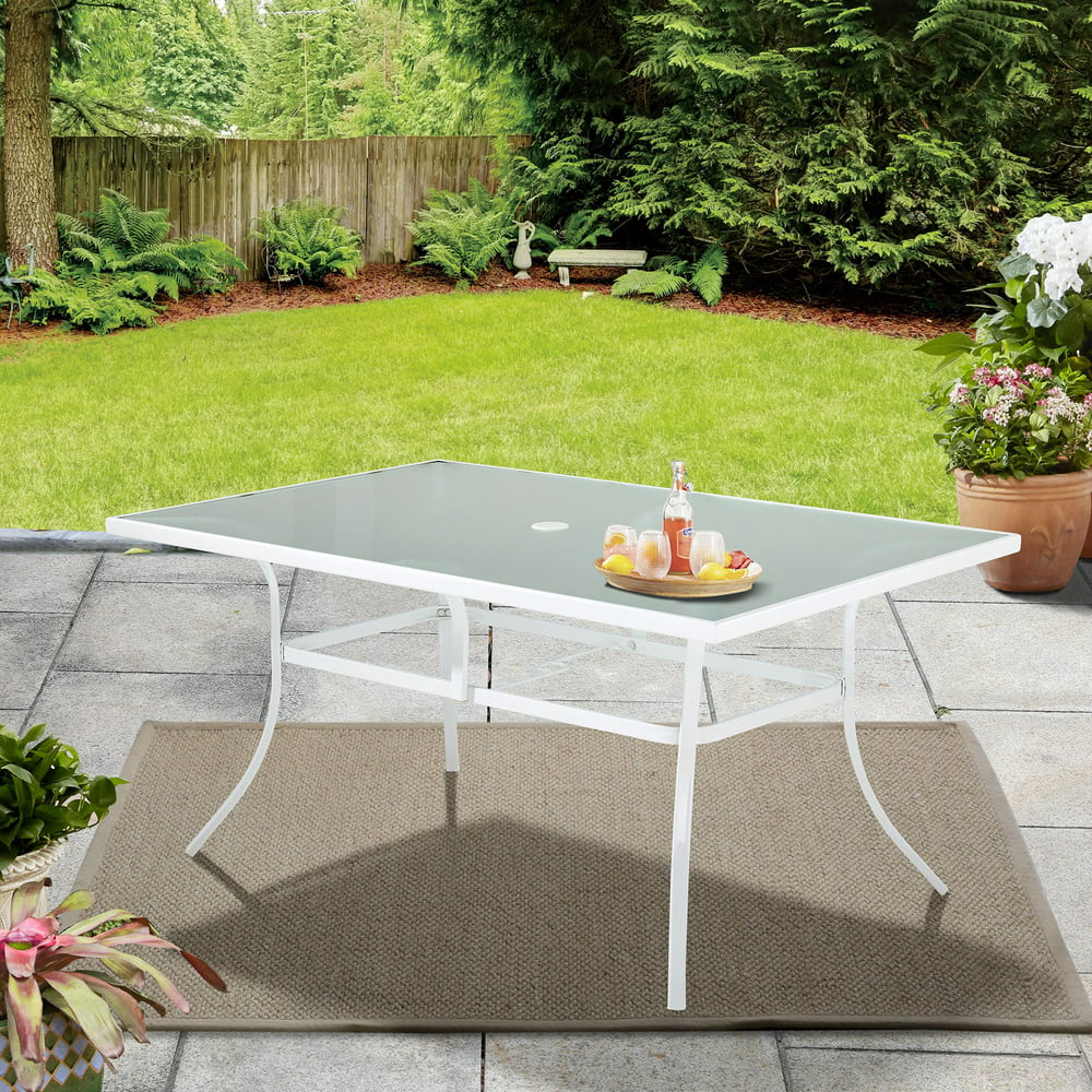 Mainstays 60" Rectangle Glass Top Outdoor Patio Dining Table, White