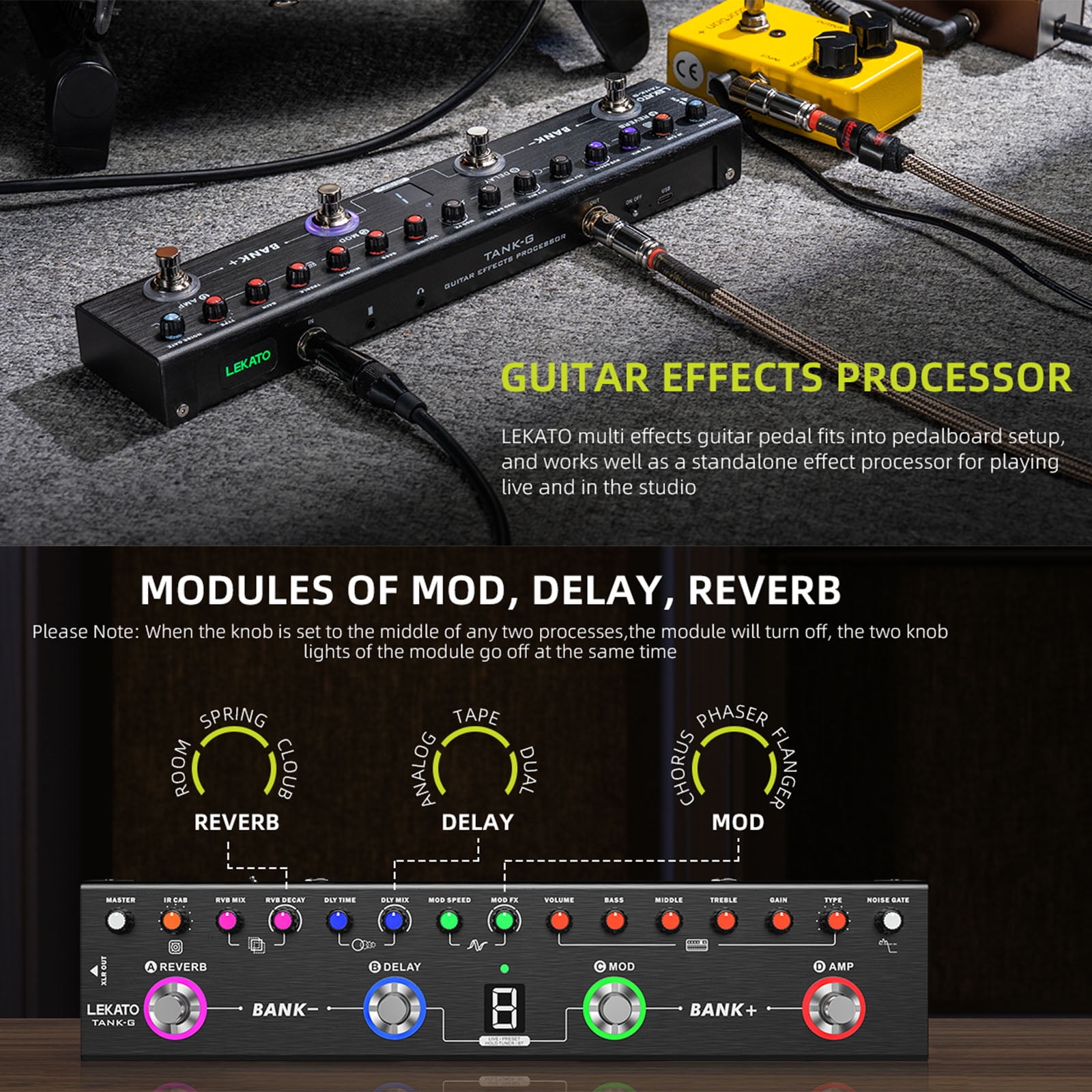 LEKATO Multi Effects Guitar Pedal Guitar Effects Pedal with 36 Presets Editable 4 Modules Amp Chorus Delay Reverb IR CAB Tuner BT Connection Music Recording