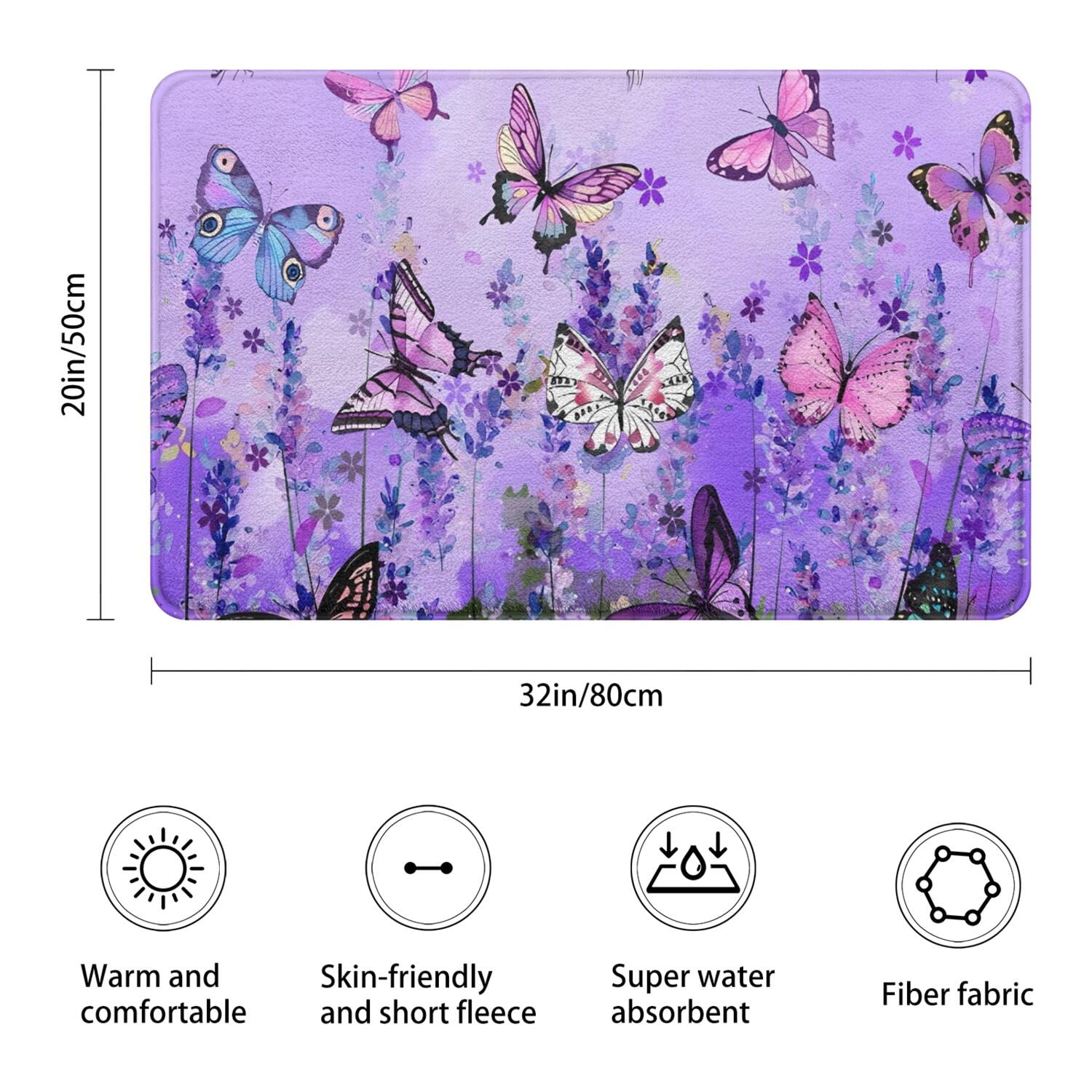 Purple Lavender Butterfly Scene Bathroom Rugs Mat,Non Slip Microfiber Bathroom Rug,Rubber Backing,Soft Bathroom Mats for Bathroom Floor,Tub and Shower,20x32in(50x80cm)