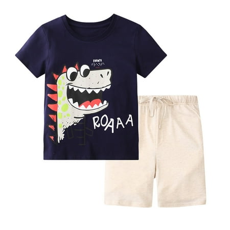 

B91xZ Toddler Boys Short Sleeve Cartoon Dinosaur Prints T Shirt Tops Shorts Child Kids Set&Outfits Baby Boy Outfit Beige Size 3-4 Years