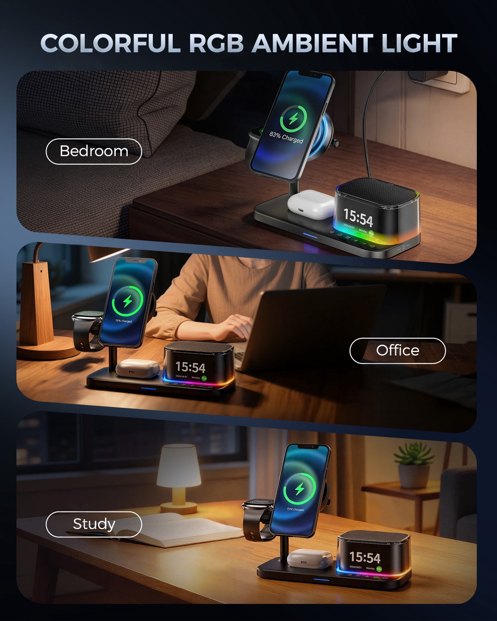 5 in 1 Wireless Charging Station with Alarm Clock, Bluetooth Speaker & Ambient Light, 45W GaN Fast Charger Included, 25W Magnetic Charger for Phone Earbuds Watch, Office & Bedside and Travel