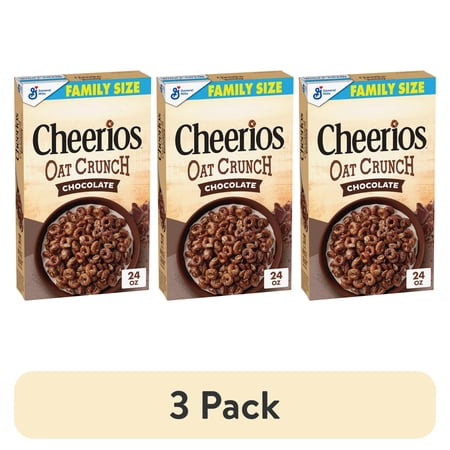 (3 pack) Cheerios Oat Crunch Chocolate Breakfast Cereal, Made with Whole Grain, Family Size, 24 oz