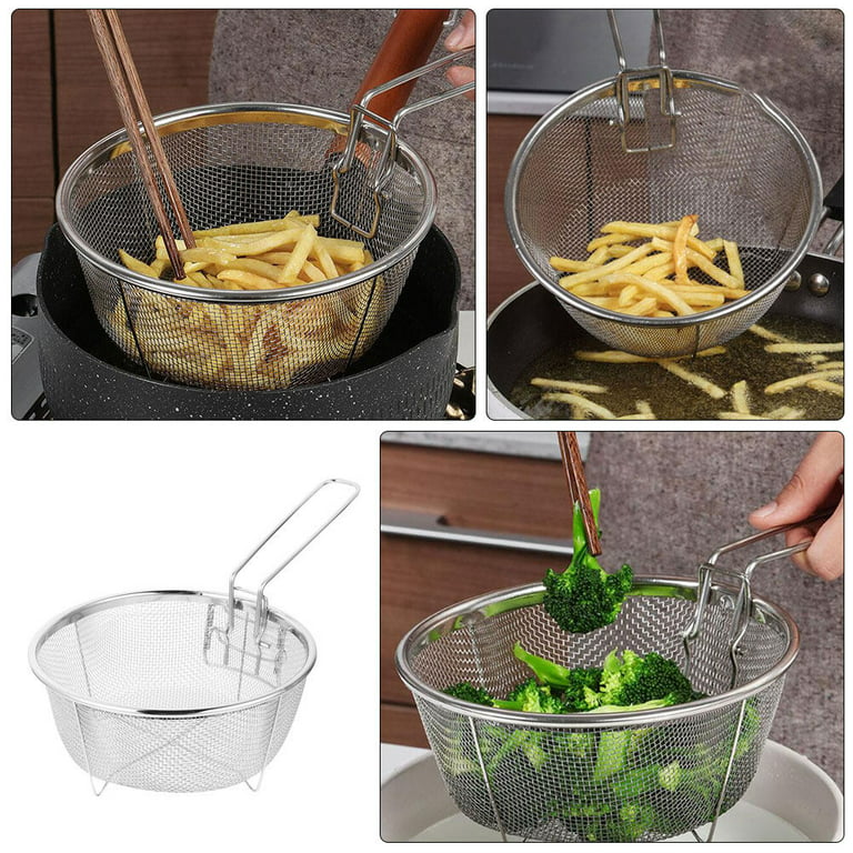 Deep Fry Basket, Round Stainless Steel Drain Frying Basket with Heat  Resistant Silicone Handle，Kitchen Cooking Strainer Colander for French  Fries