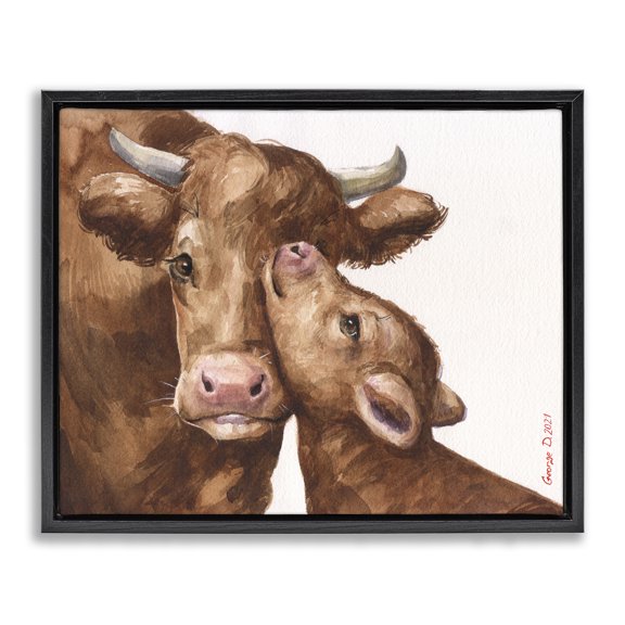 Stupell Industries Rustic Lodge Compassionate Cattle Mother & Baby Cuddle Rural Farmland Black Floating Frame Canvas Art, 21 x 17, by George Dyachenko