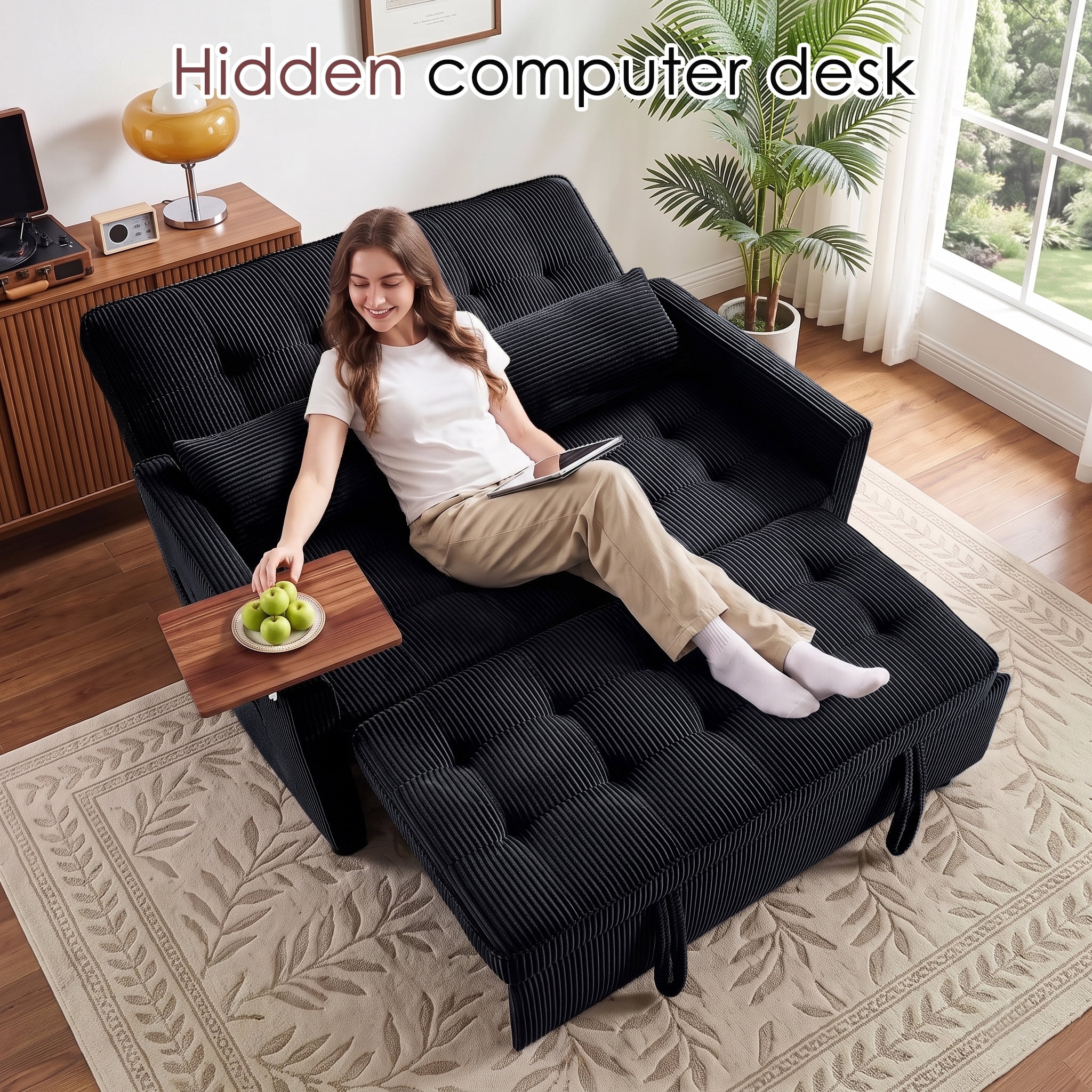 avobird 54'' 3 in 1 Pull Out Sofa Bed, Convertible Couch with Adjustable Backrest/Side Pockets/USB Charging Ports, Sleeper Sofa with small table for Living Room, Black