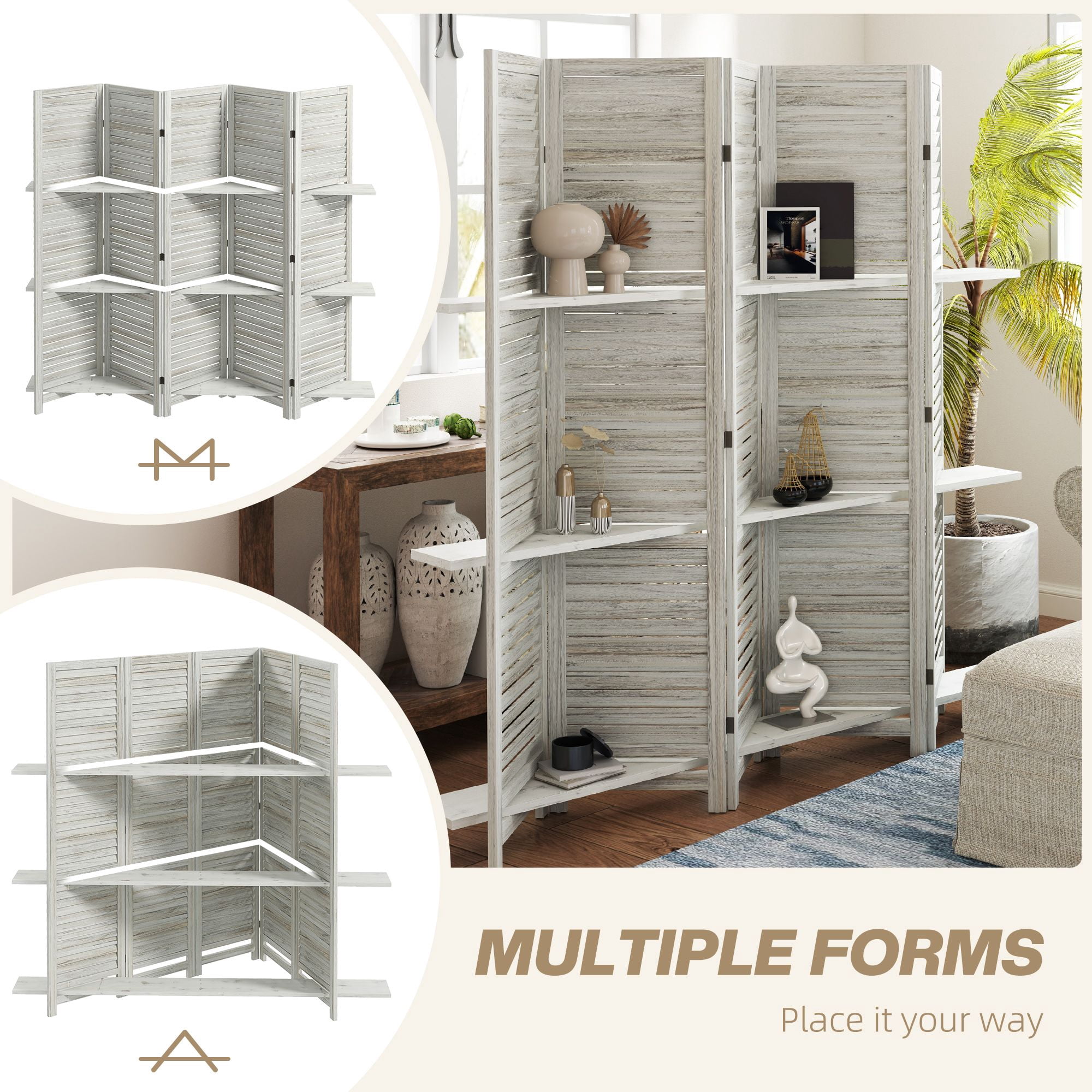 Alvantor 5 Panel Room Divider 67" Wood Privacy Screen with Storage Shelves for Porch Living Room Dorm White