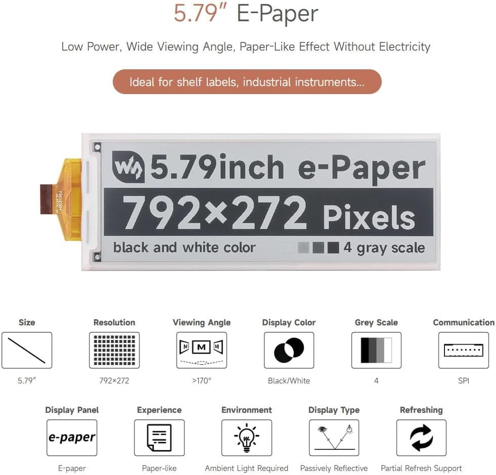 5.79inch E-Paper Raw Display, Compatible with , E-Ink Display, 792x272, Black/White, SPI Communication, Without Driver Board