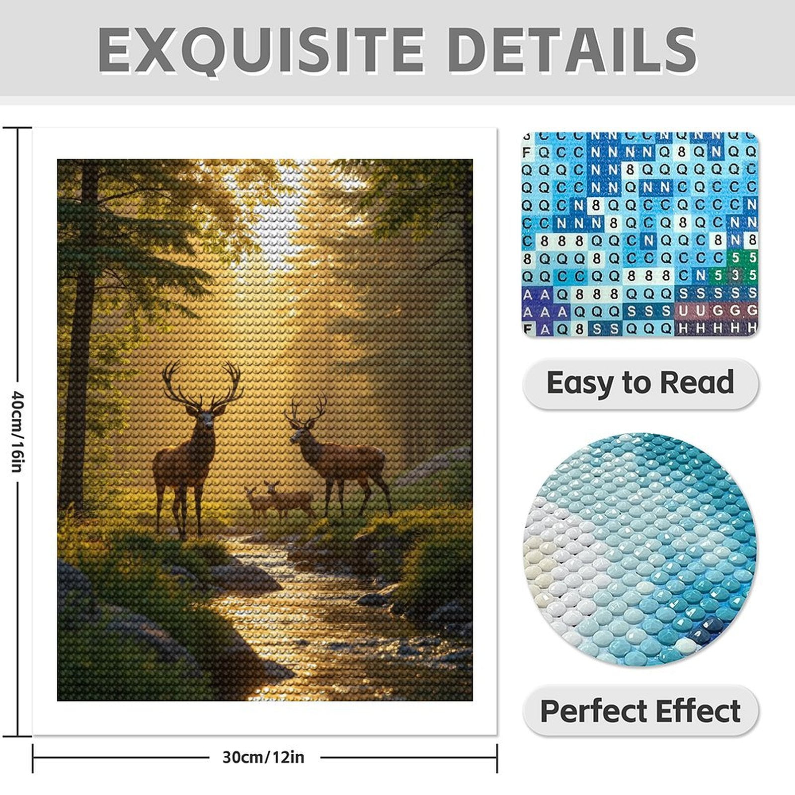 Diamond Art Kit for Adults, Deer Family Forest Stream Sunrise Diamond Painting for Adults Beginners, DIY Diamond Art Painting Kits, 5D Diamond Painting Crafts for Home Decor 12x16 Frameless