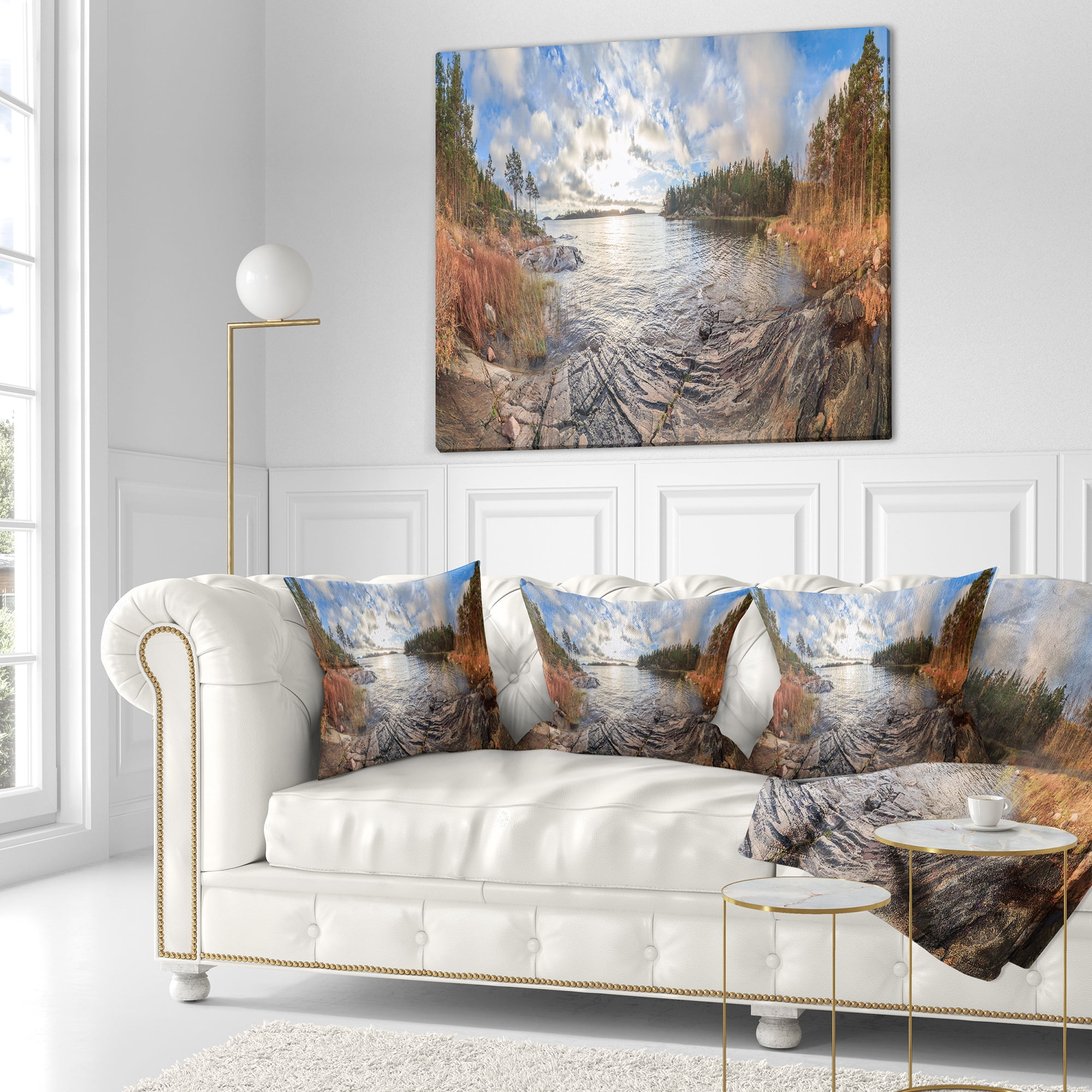 Designart Rocky Coast of Autumn Lake - Seashore Throw Pillow - 18x18