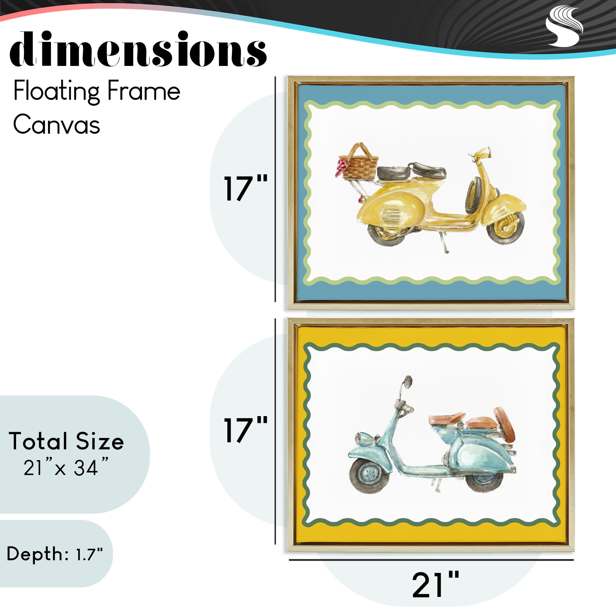 Stupell Industries Wavy Bordered Scooters 2 Piece Gold Framed Floater Canvas Set, design by Lanie Loreth