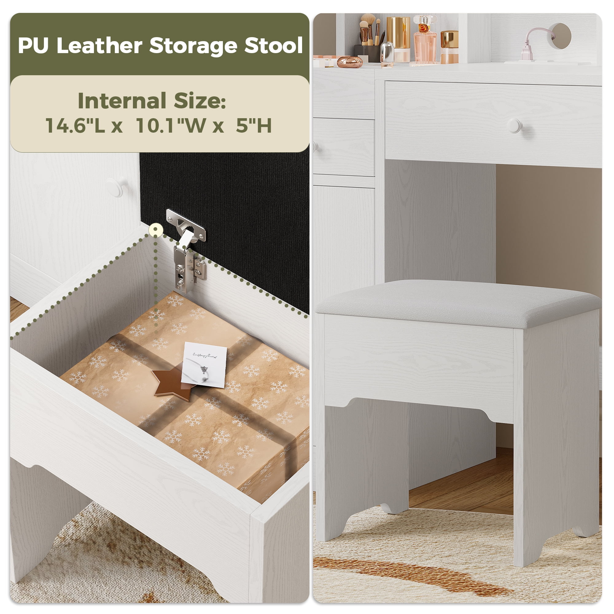 IRONCK Makeup Vanity Table Set with Adjustable LED Mirror, Power Outlet & Storage Drawers, White