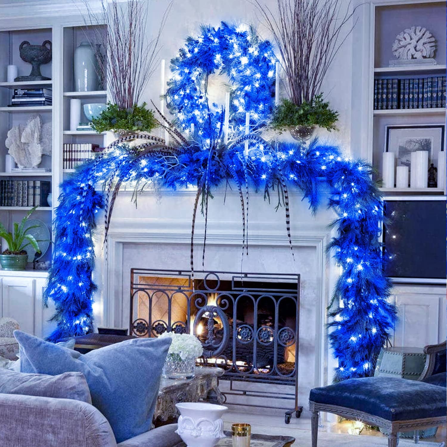 JMEXSUSS 600 LED Blue String Lights Outdoor Waterproof 8 Modes Blue Christmas Tree Lights Plug in Blue Christmas Lights for Bedroom, Fireplace, Halloween, Party, Christmas Decorations