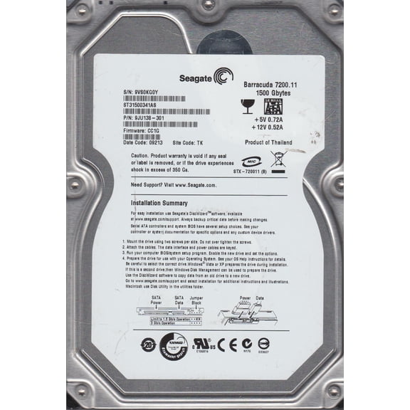 ST31500341AS, 9VS, TK, PN 9JU138-301, FW CC1G, Seagate 1.5TB SATA 3.5 Hard Drive