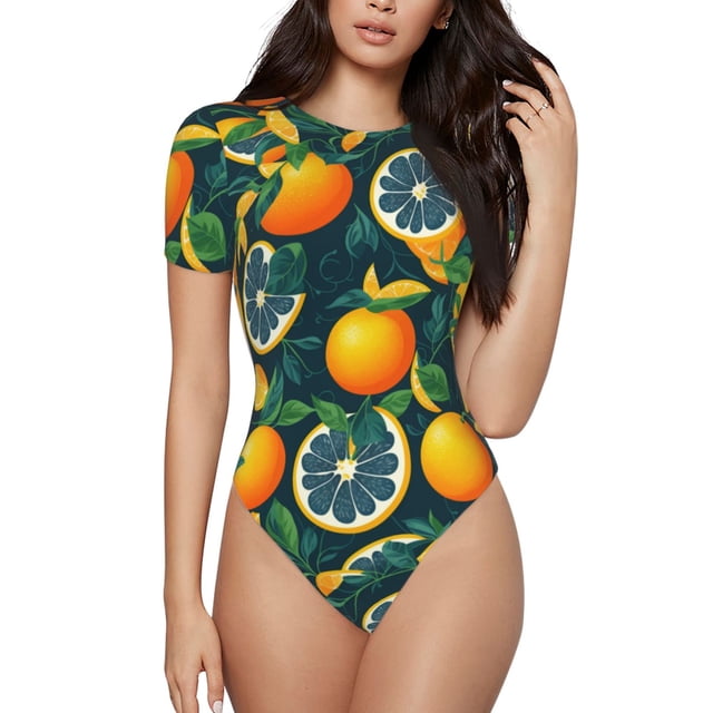 Balery Fresh Orange Body de cuello redondo de manga corta para mujer Tops de manga corta Tops básicos-Large