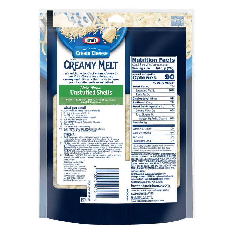 Kraft Mozzarella Shredded Cheese with a Touch of Philadelphia for a Creamy Melt, 8 oz Bag