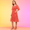thumbnail image 2 of Globus Women Red Floral Printed Puff Sleeve Chiffon Fit & Flare Midi Dress, 2 of 5
