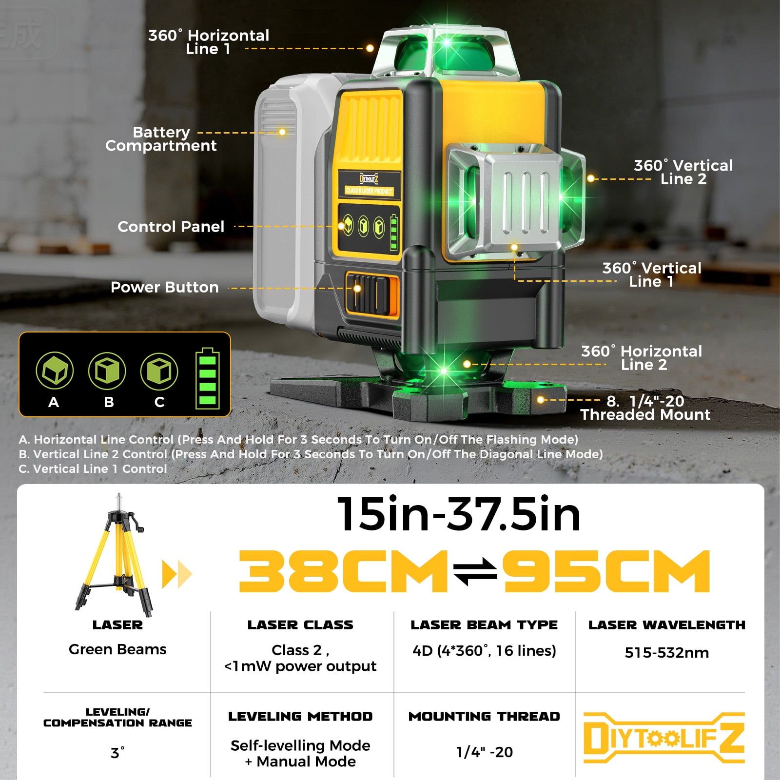 Laser Level with Tripod Compatible with 20V Battery, 4D Green 16-Line 4x360° Self Leveling Lazer Leveler Tool for Construction, Floor Tile, Home Renovation, Indoor Use, NO Battery