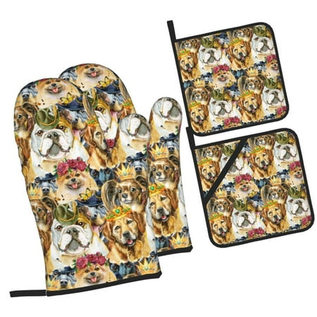 

Daiia Watercolor Dogs Pattern Oven Mitts and Pot Holders 4 pcs Set High Heat Resistant 500 Degree Extra Thicken Long Kitchen Cotton Oven Glove