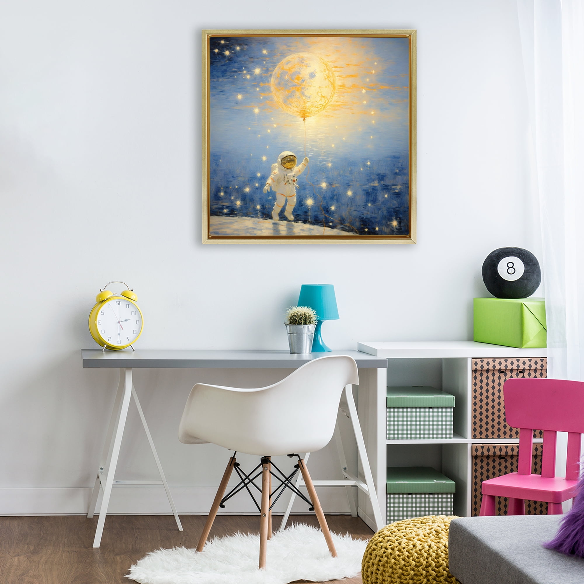 Astronaut with Dreamy Cosmic Balloon Gold Framed Floater Canvas Wall Art, design by Angie Hawke