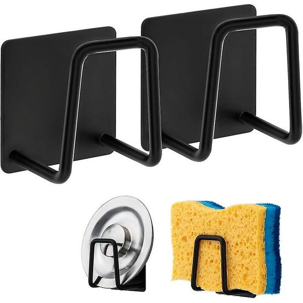 Soporte para esponja, gancho para esponja para lavavajillas de acero inoxidable 304, adhesivo, accesorios para fregadero, gancho adhesivo, almacenamiento para cocina y baño (2 unidades, negro)