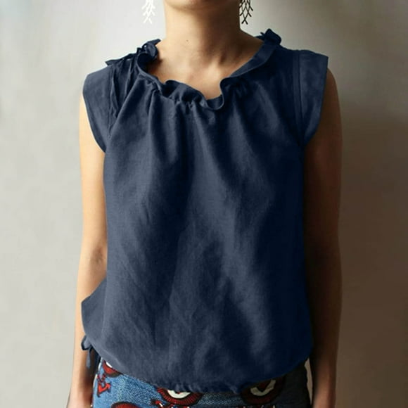 VKOYWKM Womens Cotton Linen Shirts Trendy Ruffle Crew Neck Boho Peasant Tank Tops Summer Casual Sleeveless Tops Solid Color Tank Tops