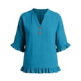 thumbnail image 7 of RMGVDSD Womens Summer Tops 3/4 Sleeve V Neck Button Down Shirts Ruffled Hem Solid Color Casual Basic Shirt Everyday Comfort Tees Casual Loose Blouses, 7 of 7