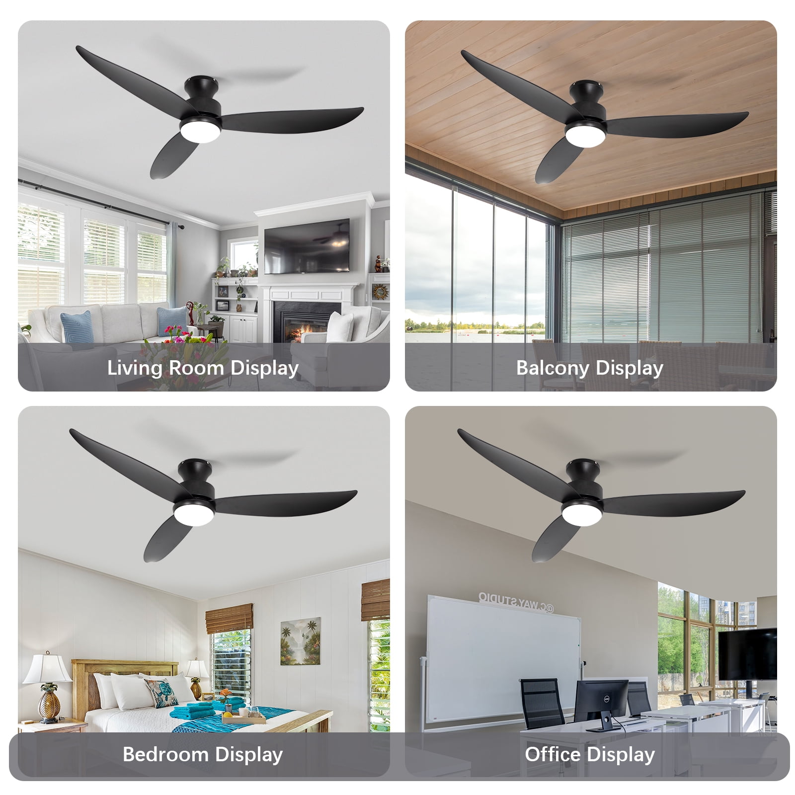 Wozzio Modern Black Ceiling Fan 52'' Modern Black Ceiling Fan - 3 Blades, 6 Speeds, With Light With Remote Control, Noiseless Reversible DC Motor, Indoor Outdoor, Flush Mount