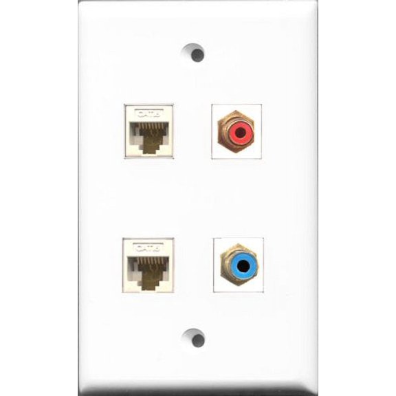 RiteAV 1 Port RCA Red and 1 Port RCA Blue 2 Port Cat6 Ethernet White Wall Plate
