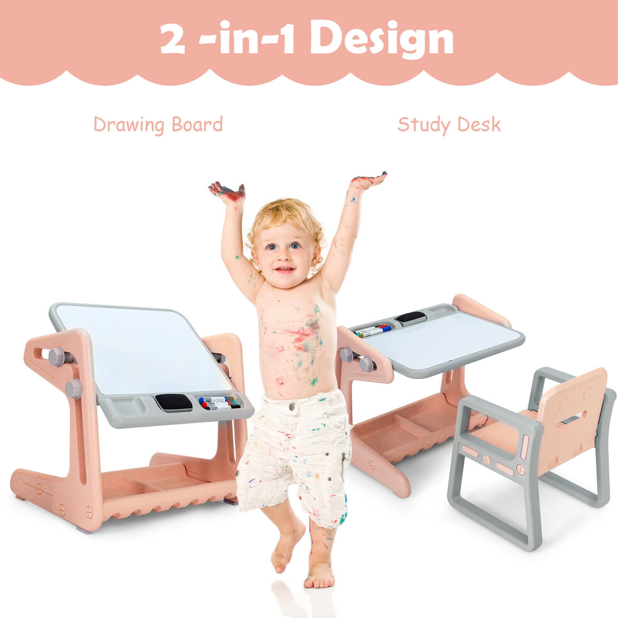 Gymax 2-in-1 Kids Wooden Art Table and Art Easel Set w/ Chairs Paper Roll  Storage Bins 