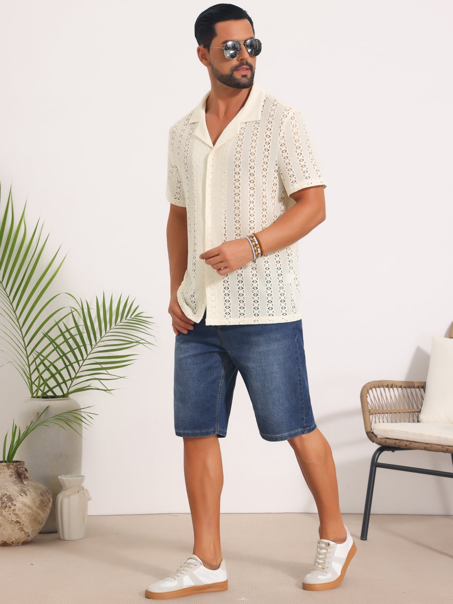 DARING DIVA Men's Hawaiian Camp Collar Button Down Short Sleeve Textured Shirts L Beige