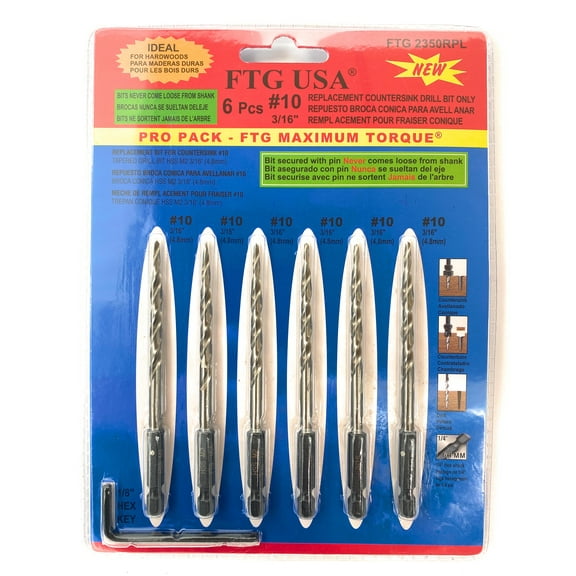FTG USA Replacement Tapered Countersink Drill Bit Set 6 Pc Bit (#10) 3/16"