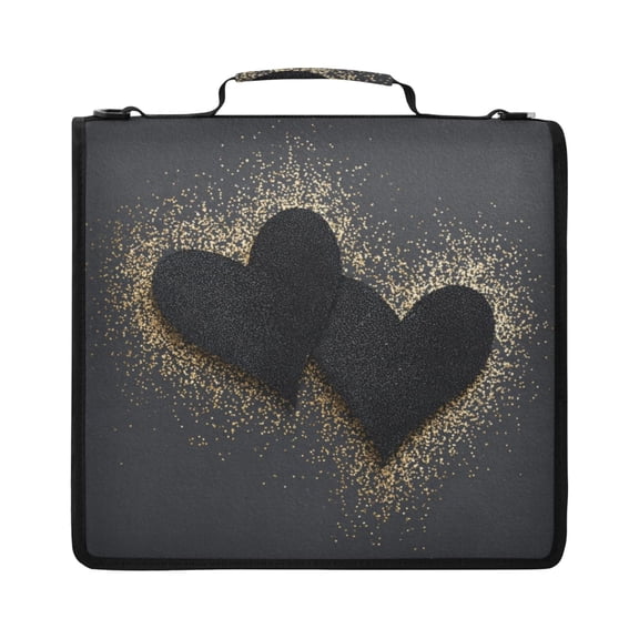 Zipper Binder with Shoulder Strap 2 inch 3 Ring Waterproof File Folder Organizer Bag 500 Sheet Black Hearts with Gold Glitter
