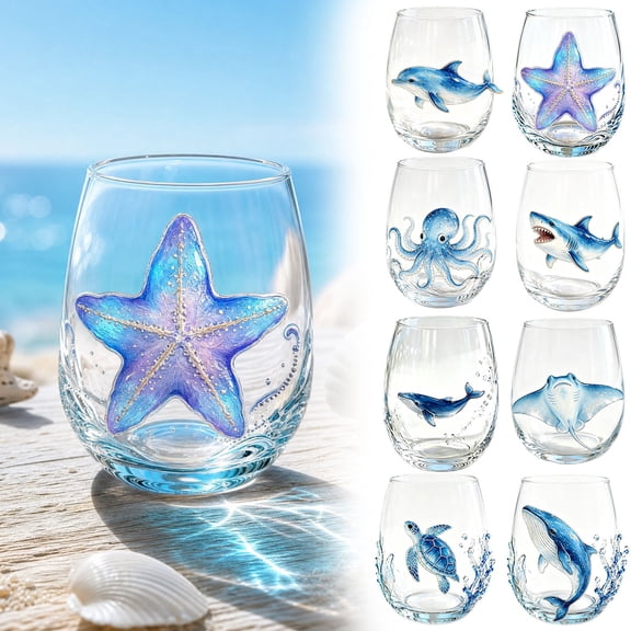 Homellea 2D Shark Glassware, Stemless Wine Glass with Marine Animal Artwork, 3.94 Inch Tall, Ocean Coastal Bar Glass for Cocktail Whiskey Juice and Gift Display