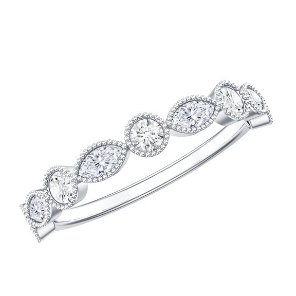 Rosec Jewels Certified Moissanite Half Eternity Ring with Beaded Details (D Color VS1 Clarity), 925 Sterling Silver, US 4.00