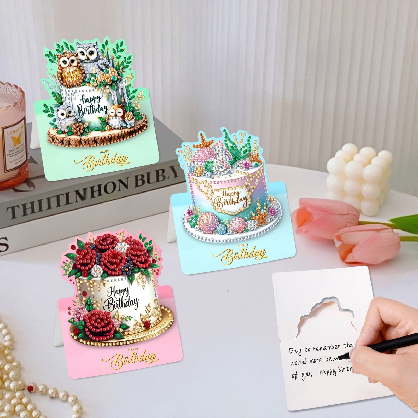 FLOPESN 6Pcs Happy Birthday DIY Diamond Art Painting Greeting Card,3D Folding Card Kit,White 4.5X9.1in Envelopes for Festival Gift-Birthday Cake
