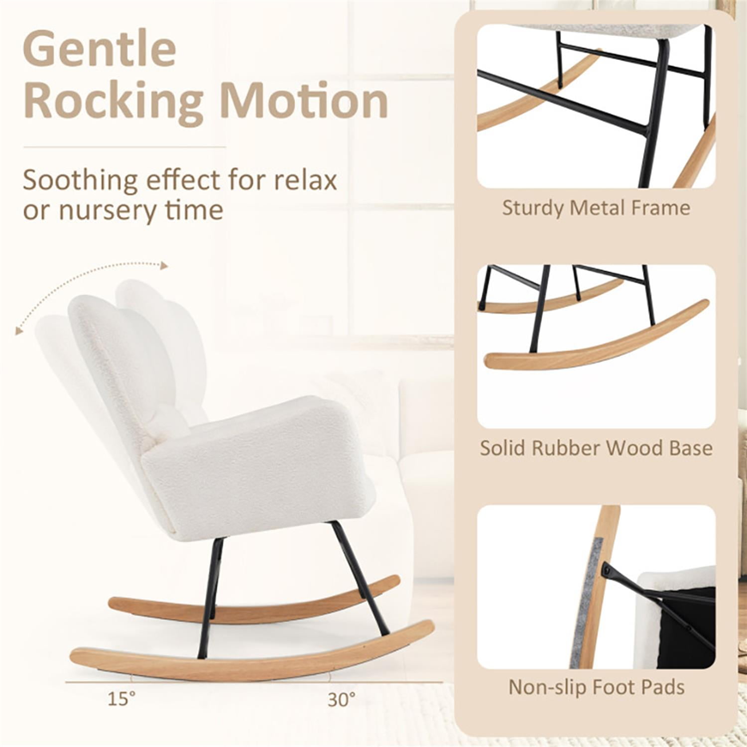 Demi Bonn Upholstered Rocking Chair, Accent Chair with Comfy Backrest and Armrest, Suitable for Home, Living Room and Bedroom, Beige