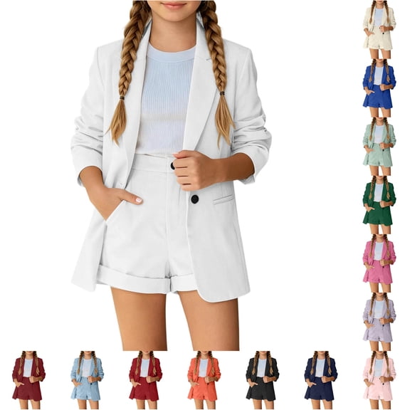 VOUZZA Girls Clothing Set Single Long Sleeve Blazer and Shorts 2-Piece Elegant Suit 3-14Y