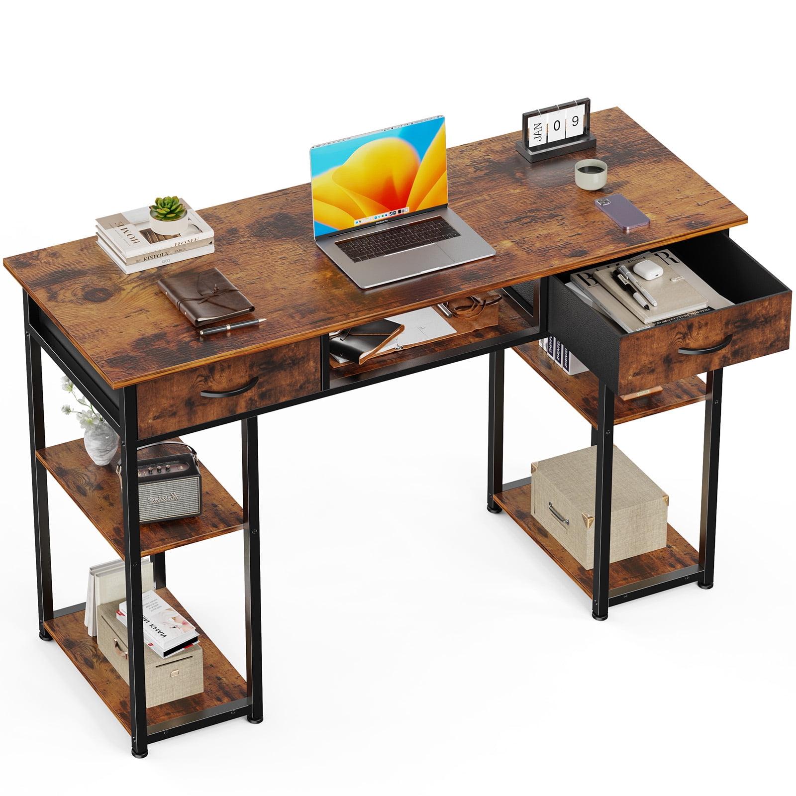 Aukfa Computer Desk with Storage Drawer, Wood Student Writing Desk for Small Space Home,Brown
