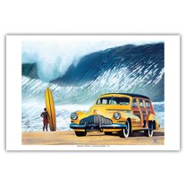 Buttercup Beauty - Retro Woodie Car on Beach with Big Wave Surfer - From an Original Color Painting by Scott Westmoreland - Master Art Print (Unframed) 12in x 18in