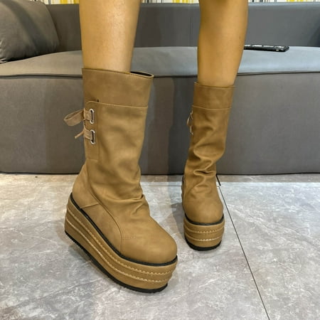 

LnjYIGJ Women s Low-Heeled Mid Calf Boots The New Thick-bottomed Sponge Cake For Autumn And Winter Is Increased And Thinner In Large Size Boots